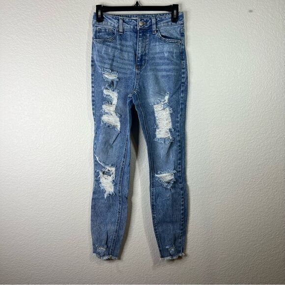 Tinseltown Womens Distressed Jeans Medium Wash Denim Stretch Hi Rise Blue Size 3 - Picture 1 of 7